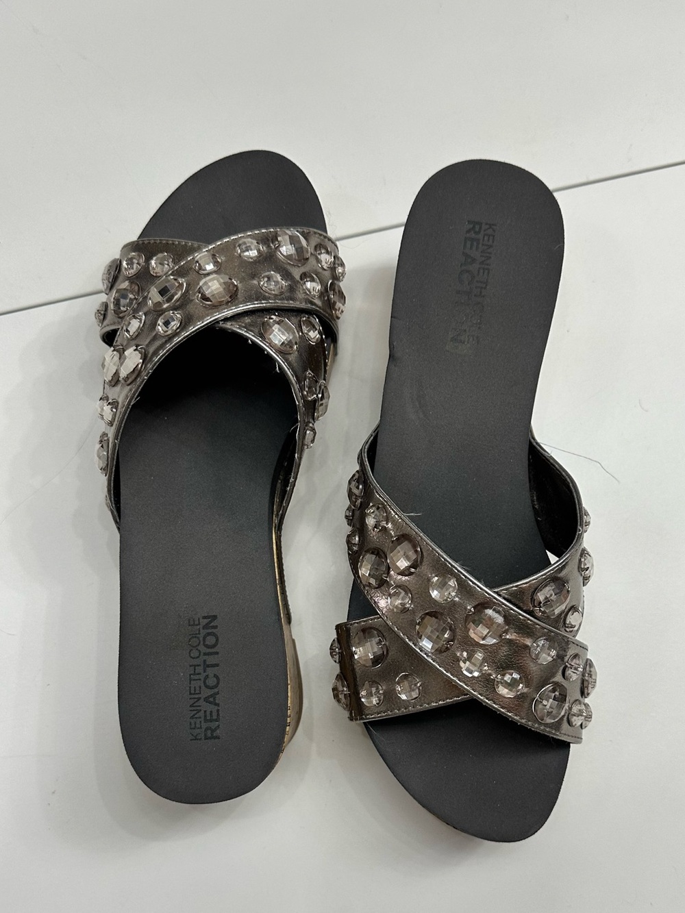 Kenneth Cole Reaction Women's Metallic Crystal-Stud Slide Sandals - Silver